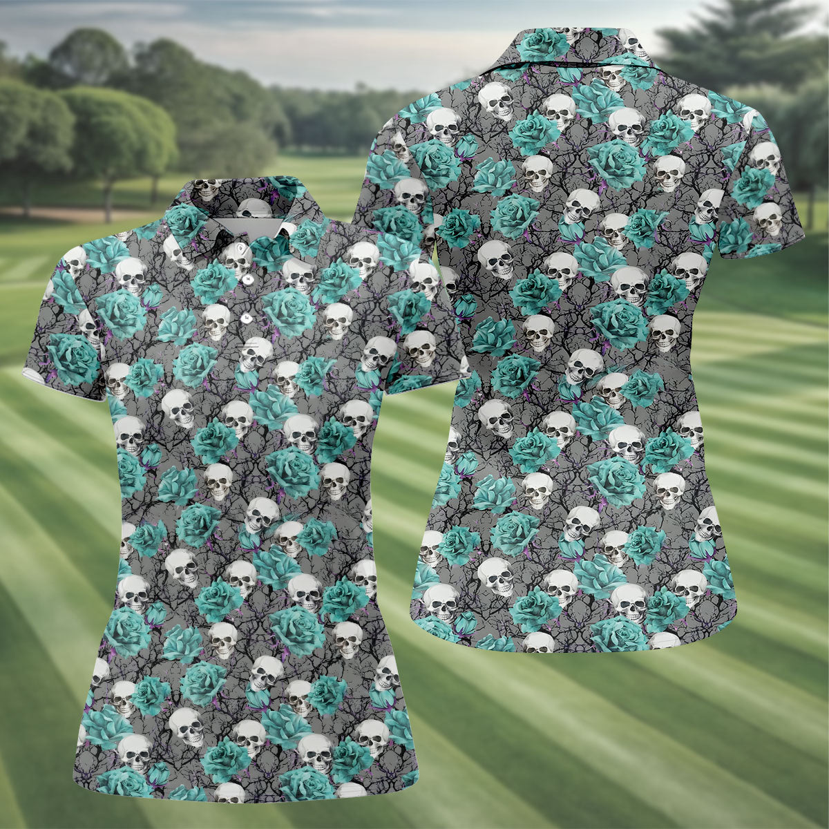 Teal Rose Skull Gothic Pattern Golf Polo Shirt, Ladies Golf Shirt, Golf Polo For Women