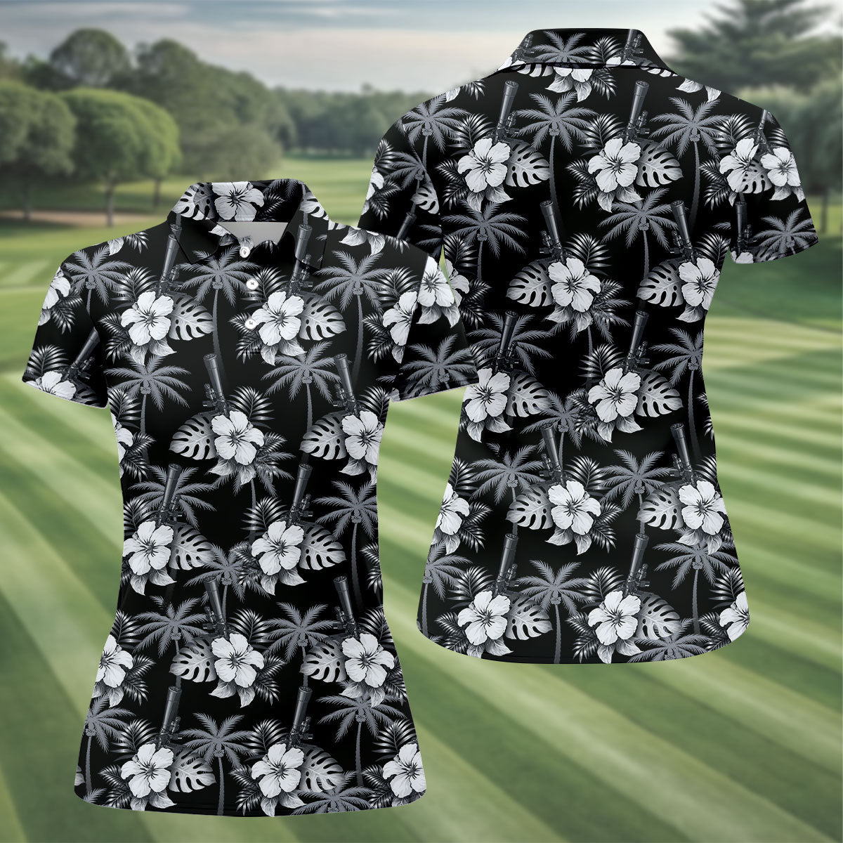 White Hibicus Black Hawaiian Golf Shirt, Tropical Summer Theme Golf Shirt For Women