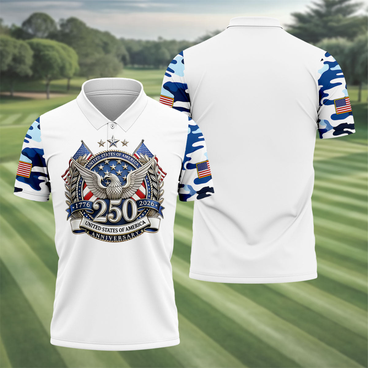 Patriotic Bald Eagle Blue And White Camo White Golf Shirt, 250th Anniversary Golf Shirts For Men