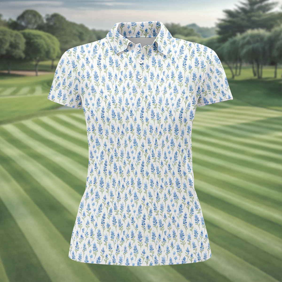 Texas Bluebonnet Floral Pattern Golf Polo Shirt, Womens Golf Polo, Ladies Golf Shirts