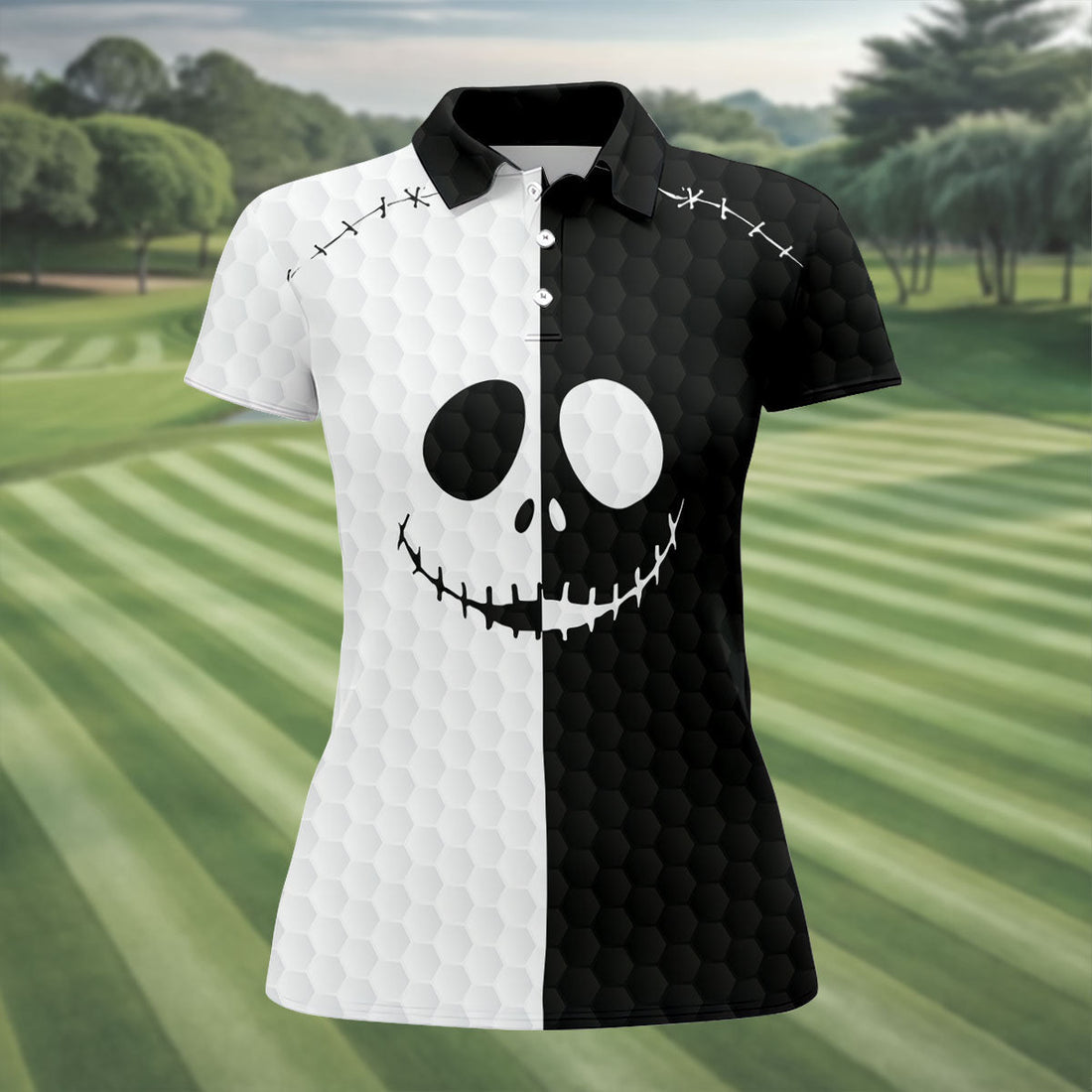 Black White Skull Face Halloween Golf Polo Shirt, Womens Golf Tops, Hawaiian Golf Shirt