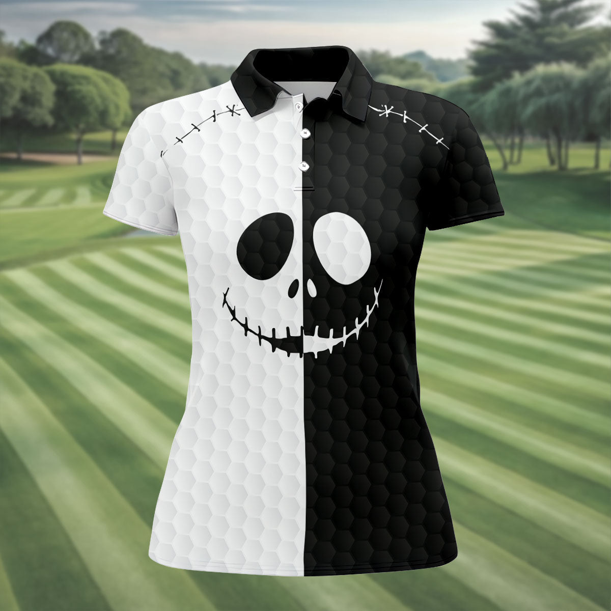 Black White Skull Face Halloween Golf Polo Shirt, Womens Golf Tops, Hawaiian Golf Shirt