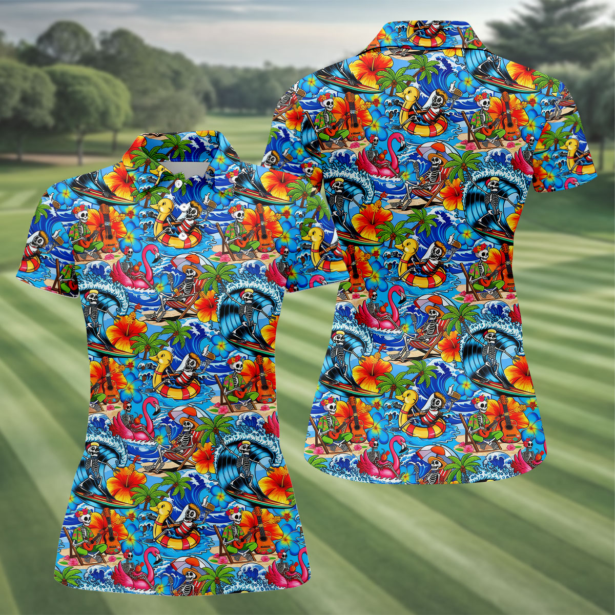 Blue Tropical Skeleton Surfer Pattern Golf Polo Shirt, Golf Shirts For Women, Women's Golf Polo