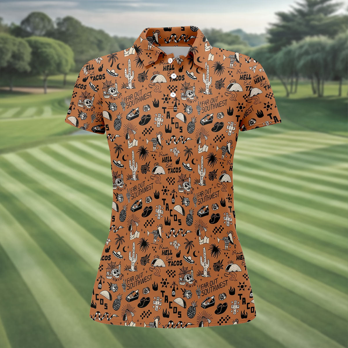 Southwest Desert Taco Skull Pattern Hawaiian Golf Shirt, Golf Shirts For Men, Mens Polo Shirts