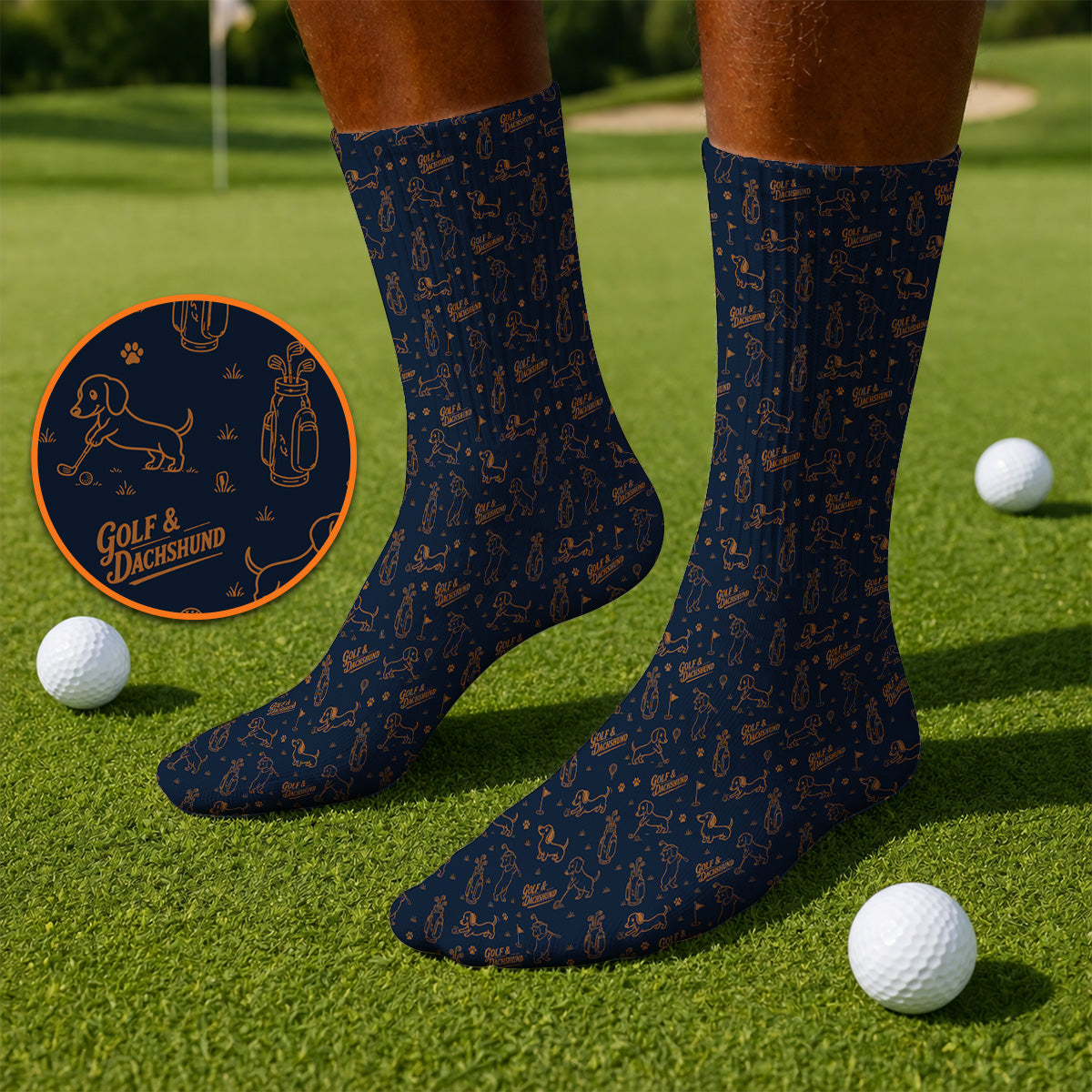 Golf & Dachshund Pattern Socks , Wiener Dog Golf Sock For Golfer, Funny Doxie Lover Gift