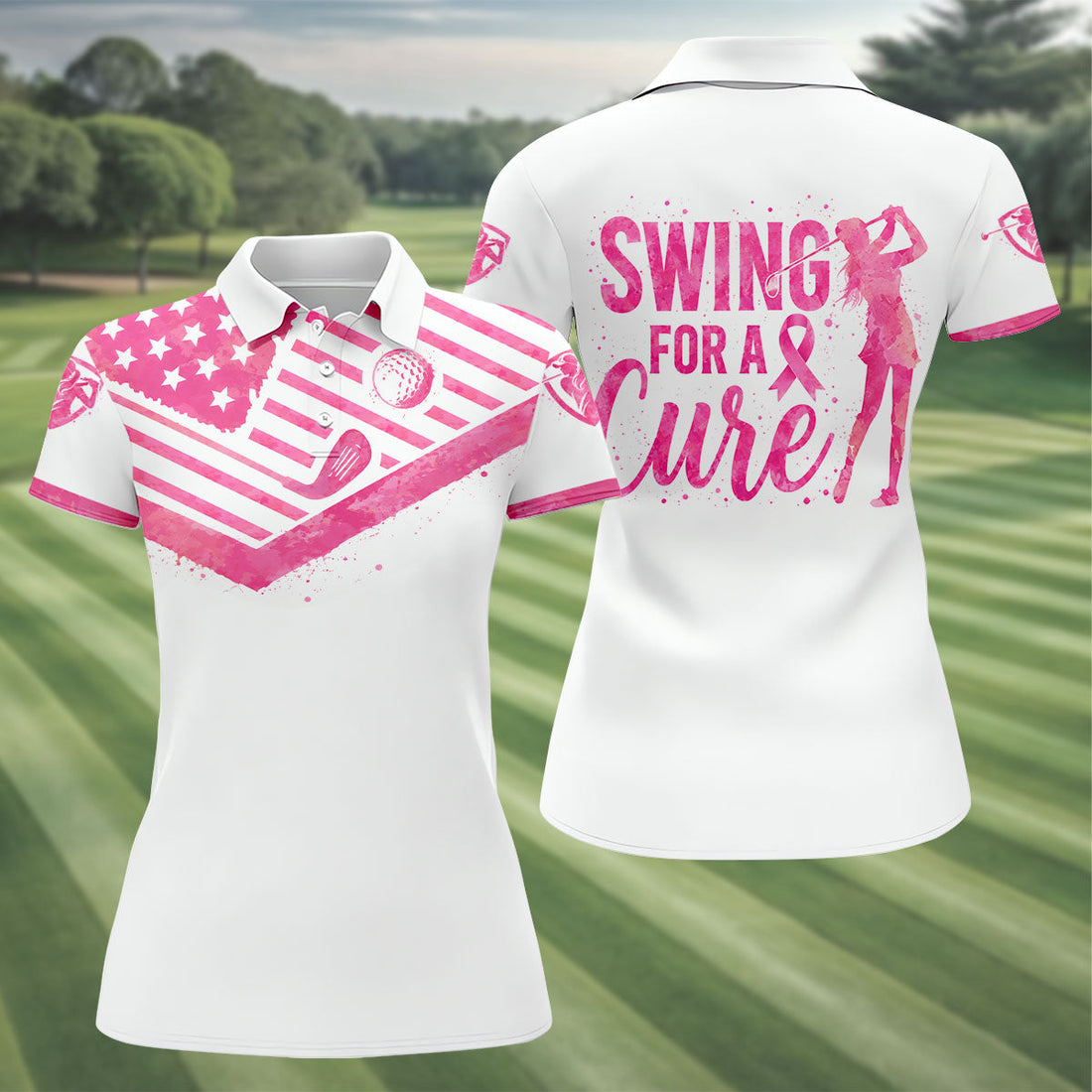Swing For A Cure Pink Flag Breast Cancer Polo Shirt, Women’s Golf Polo, Ladies Golf Shirts
