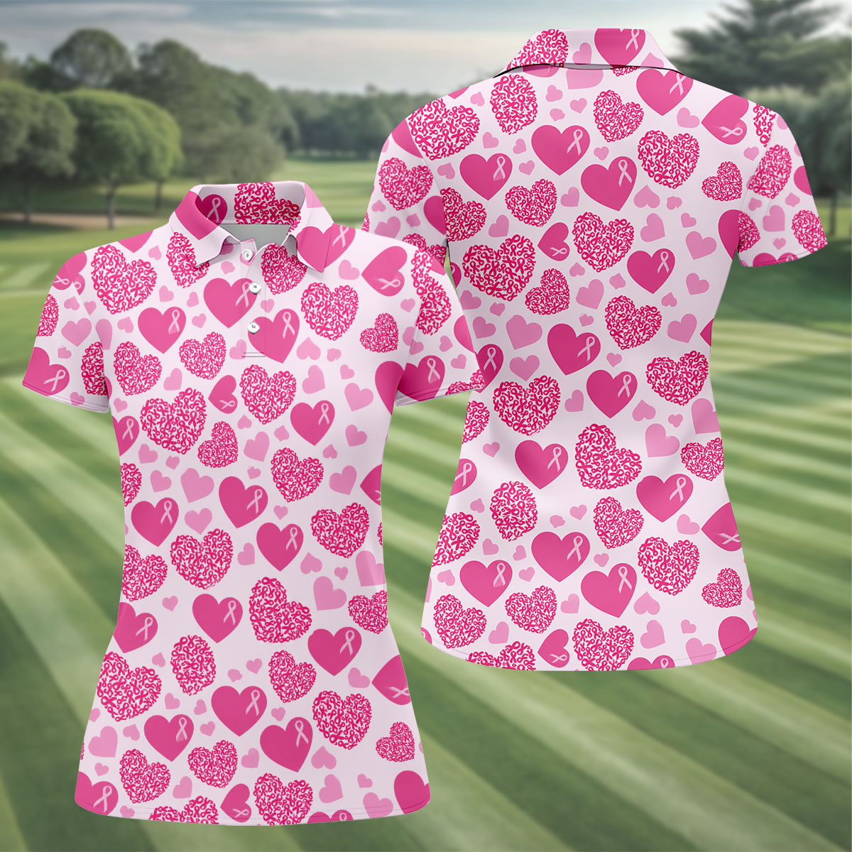 Pink Ribbon Heart Pattern Breast Cancer Polo Shirt, Women’s Golf Polo, Ladies Golf Shirts