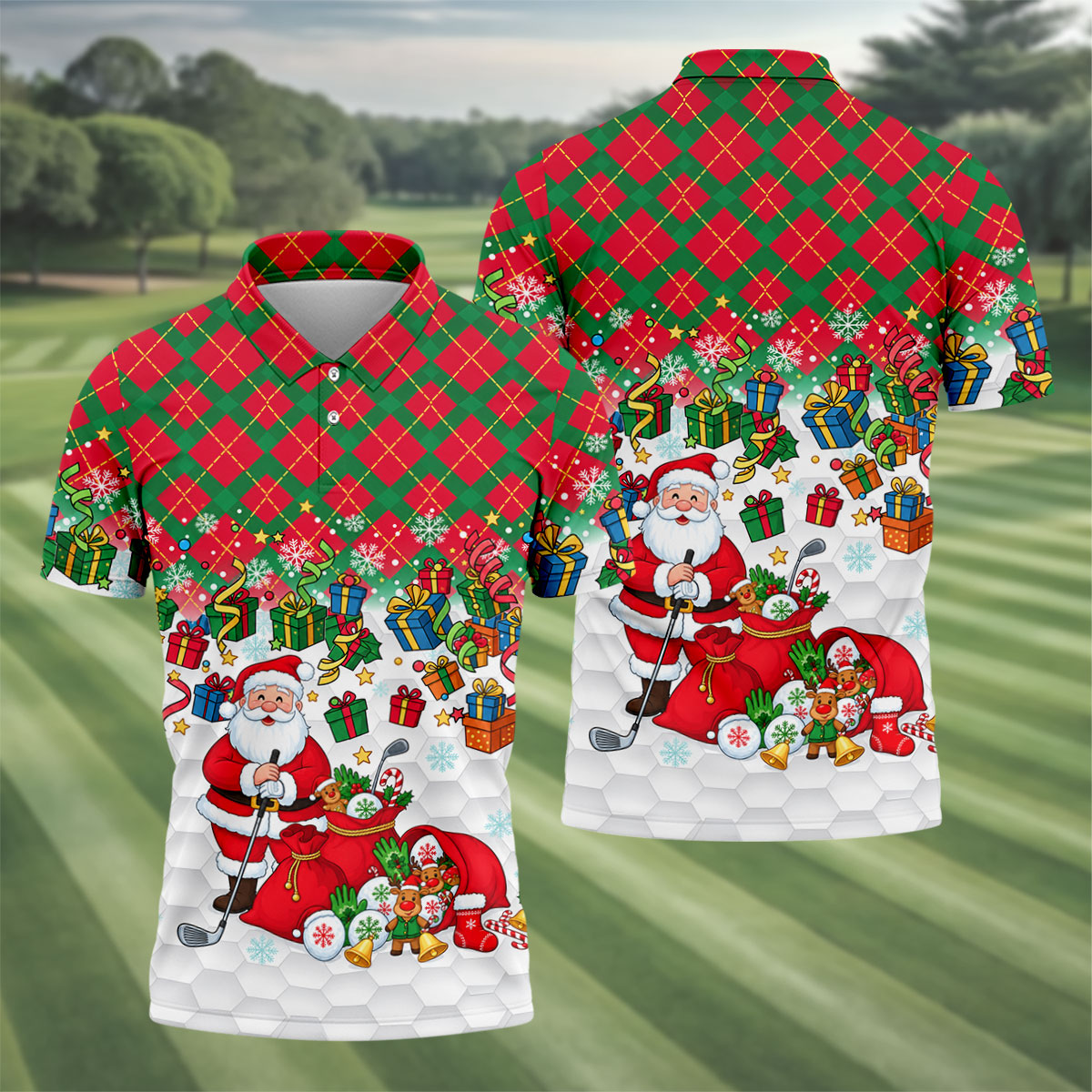 Christmas Santa Golfer and Gifts Polo Shirt, Printed Golf Shirts, Mens Golf Polo