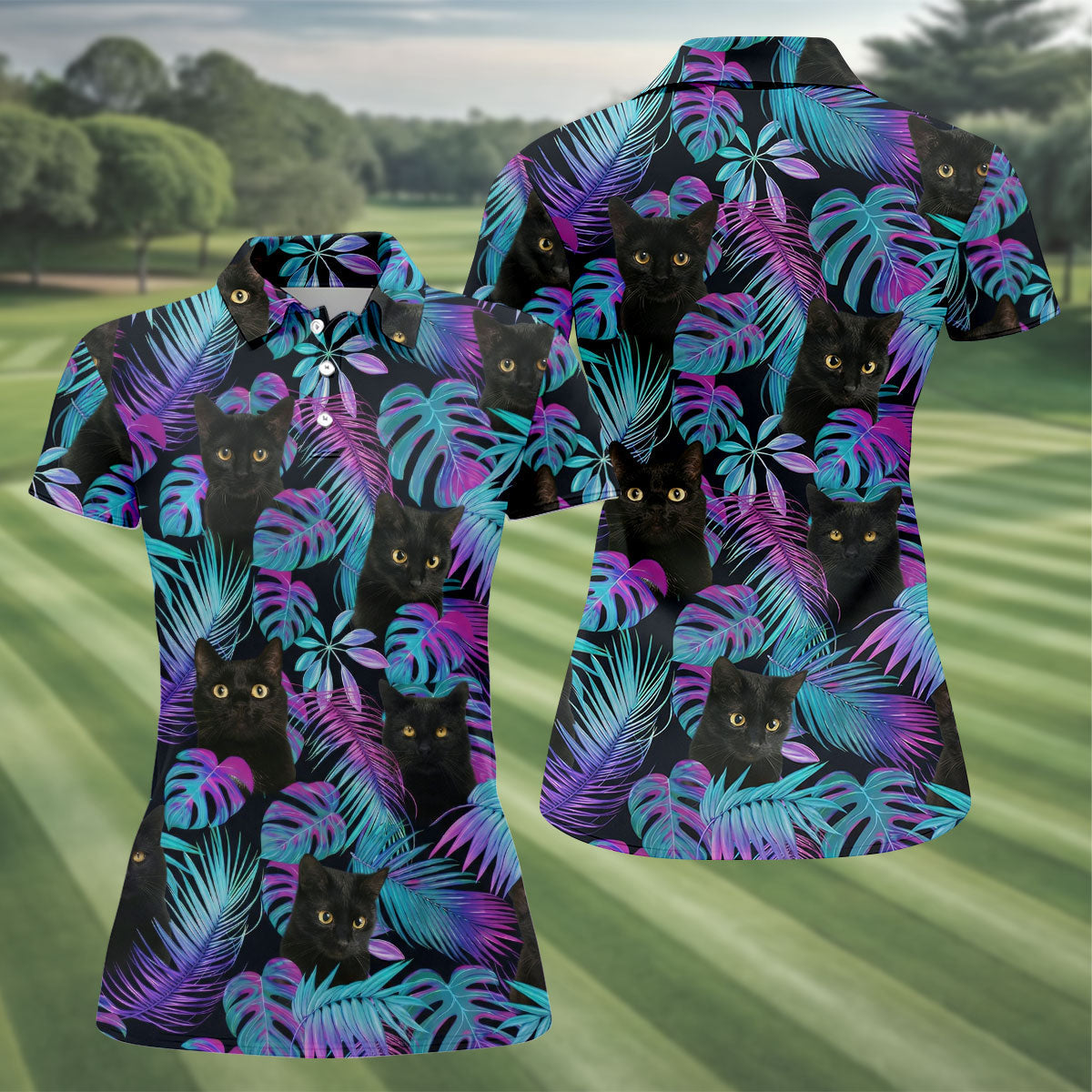 Funny Black Cat Purple Blue Gradient Hawaiian Golf Shirt, Golf Shirt For Women