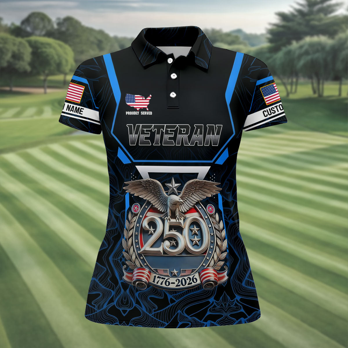 Personalized Veteran America 250 Polo Shirt Blue Accent, Golf Polo For Women, Ladies Golf Tops