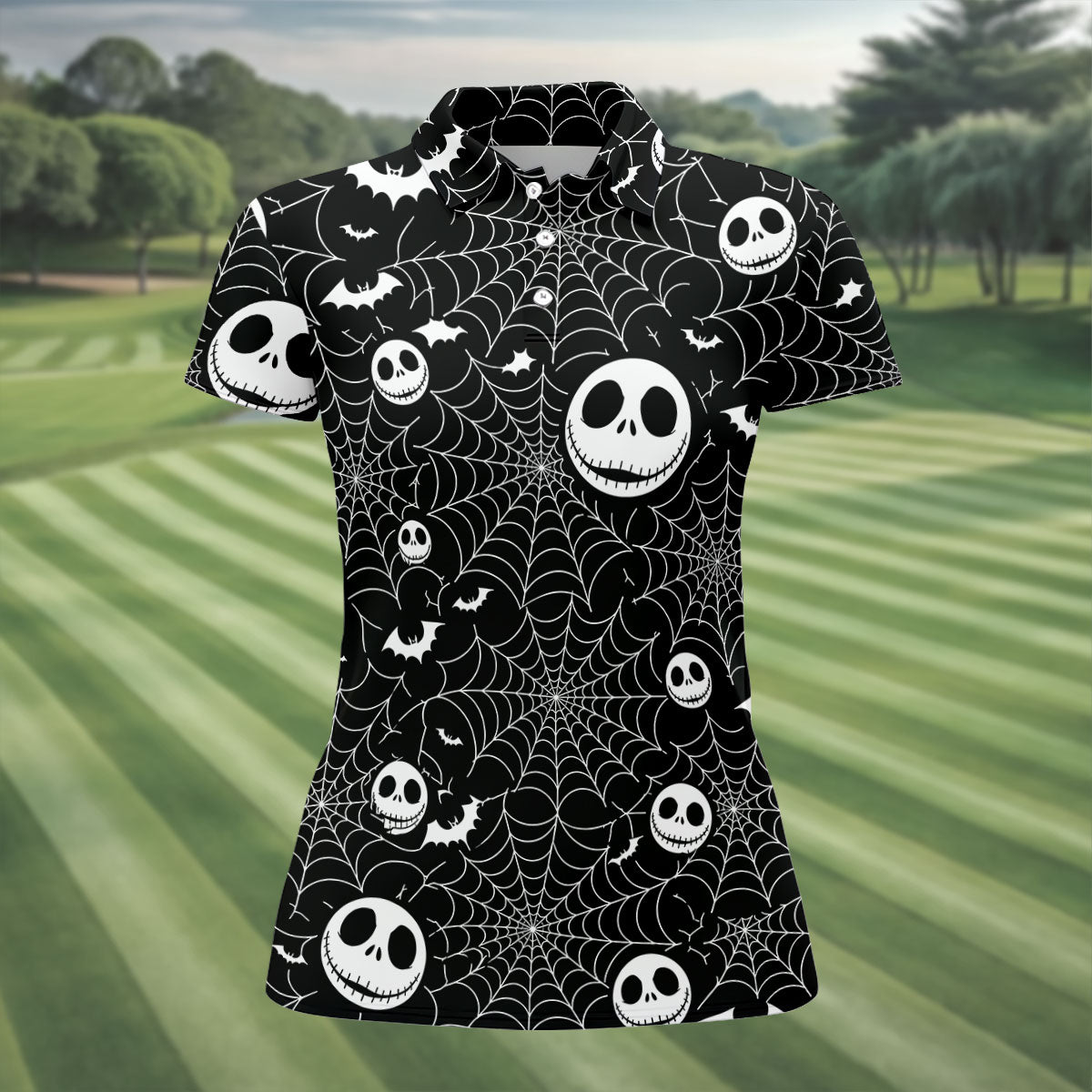 Black Horror Character Spider Web Pattern Golf Polo Shirt, Women's Golf Polo, Ladies Golf Shirts