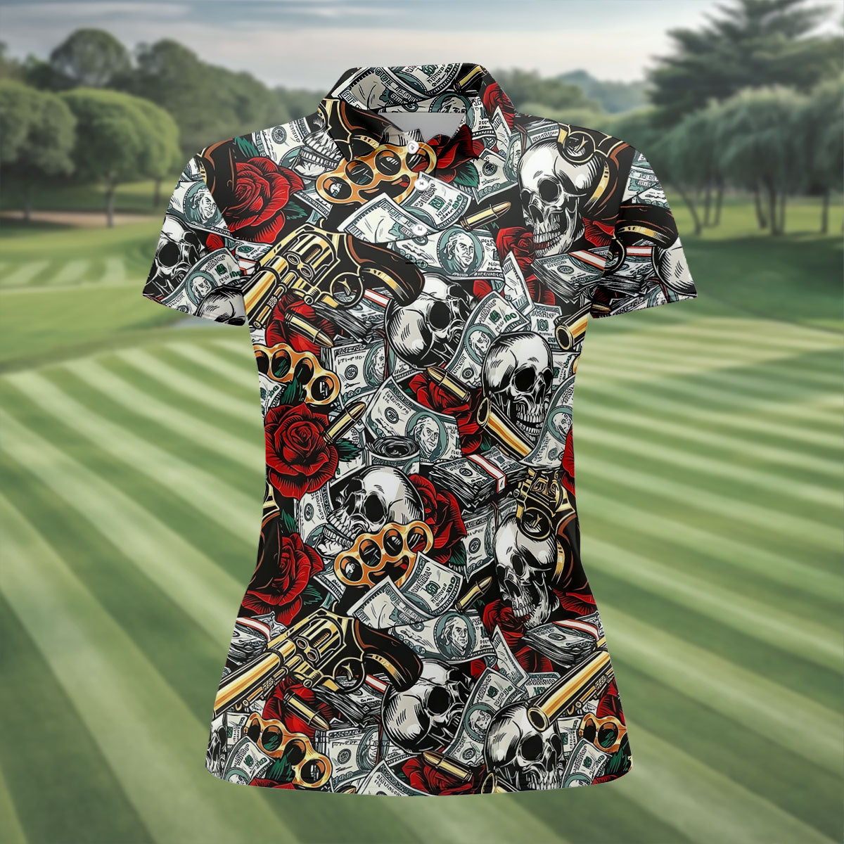 Black Skull Cash Rose Western Pattern Golf Polo Shirt, Ladies Golf Shirts, Women's Golf Apparel