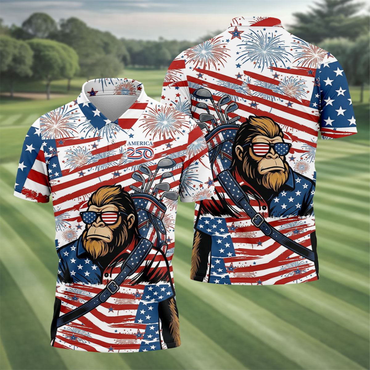 Red White Blue Stars And Stripes 250 Years Bigfoot Golf Shirt, Patriotic 4th Of July Golf Shirts For Men