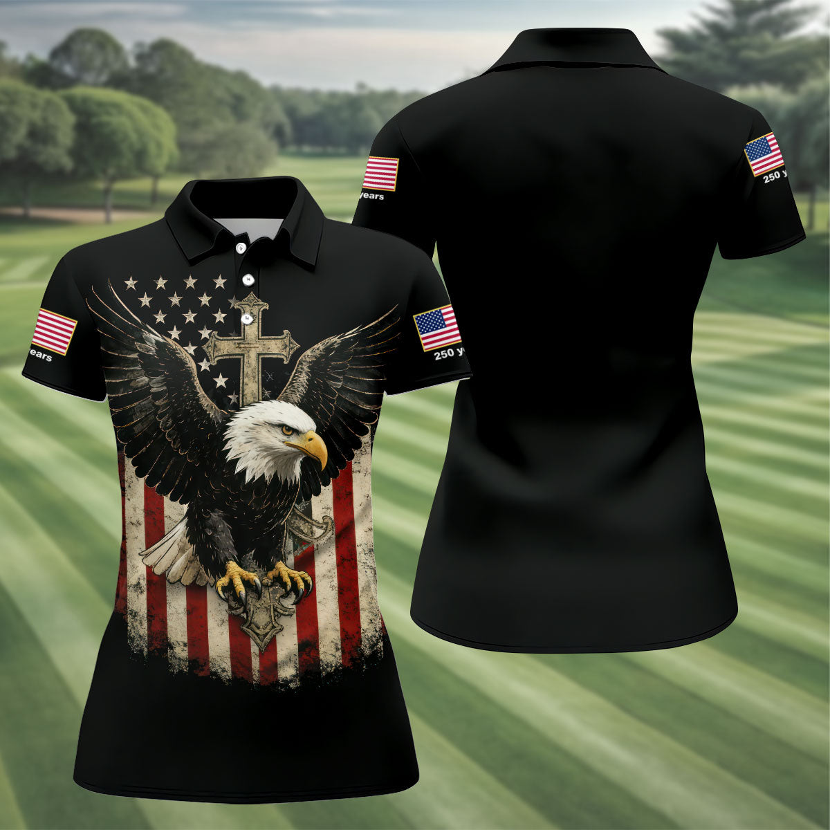 Faith Cross Bald Eagle And US Flag Black Golf Shirt, Patriotic 4th Of July Golf Shirt For Women