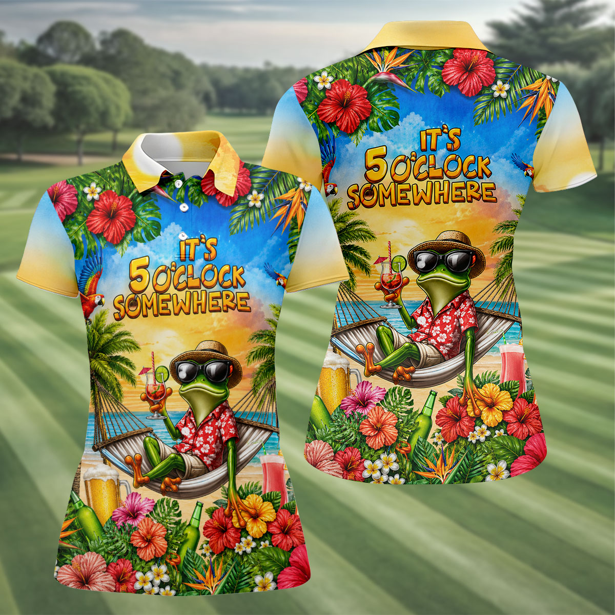 Frog Hammock 5 Oclock Somewhere Tropical Golf Shirt, Ladies Golf Shirts, Women’s Golf Apparel