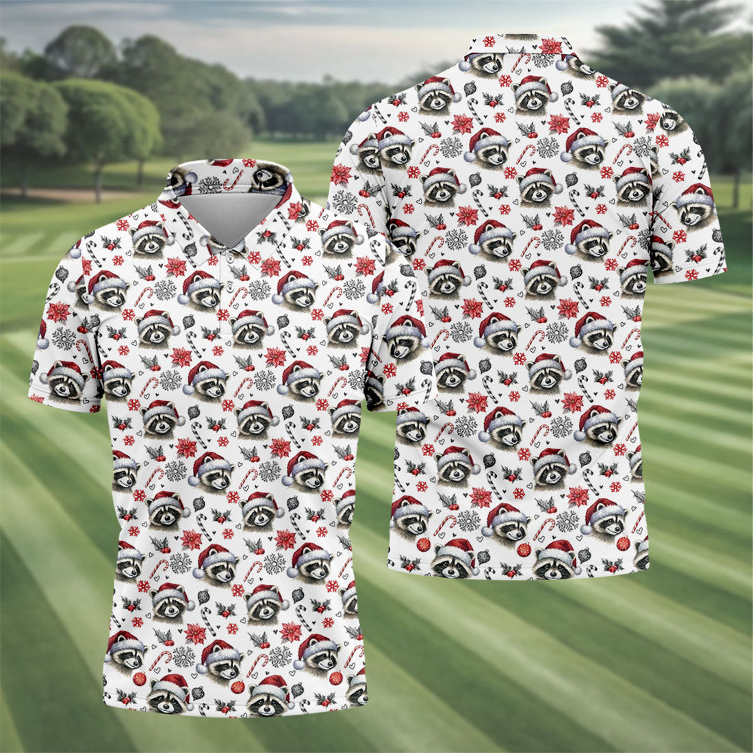 Christmas Raccoon Santa Hat Golf Polo Shirt, Mens Golf Polo, Golf Apparel For Men