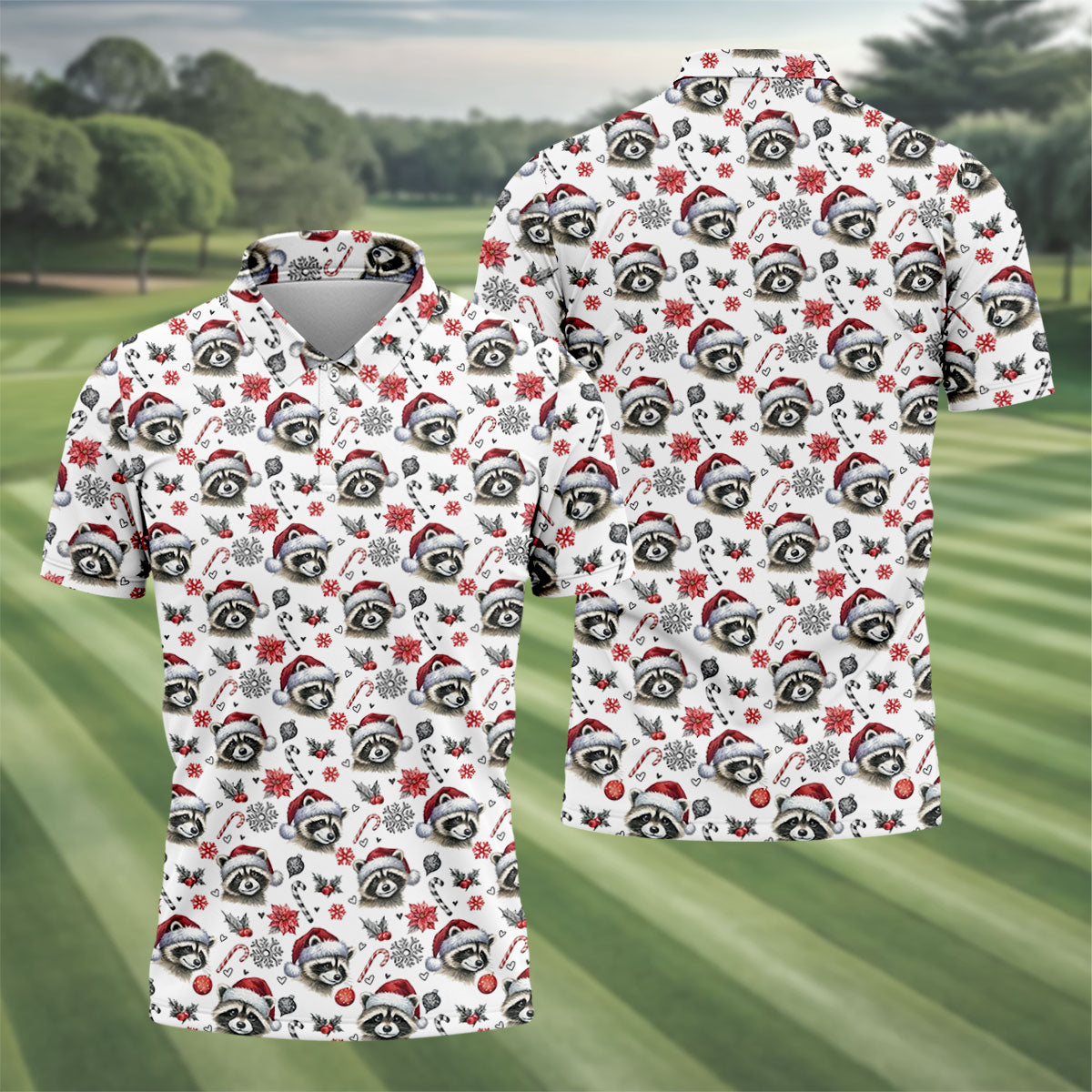 Christmas Raccoon Santa Hat Golf Polo Shirt, Mens Golf Polo, Golf Apparel For Men