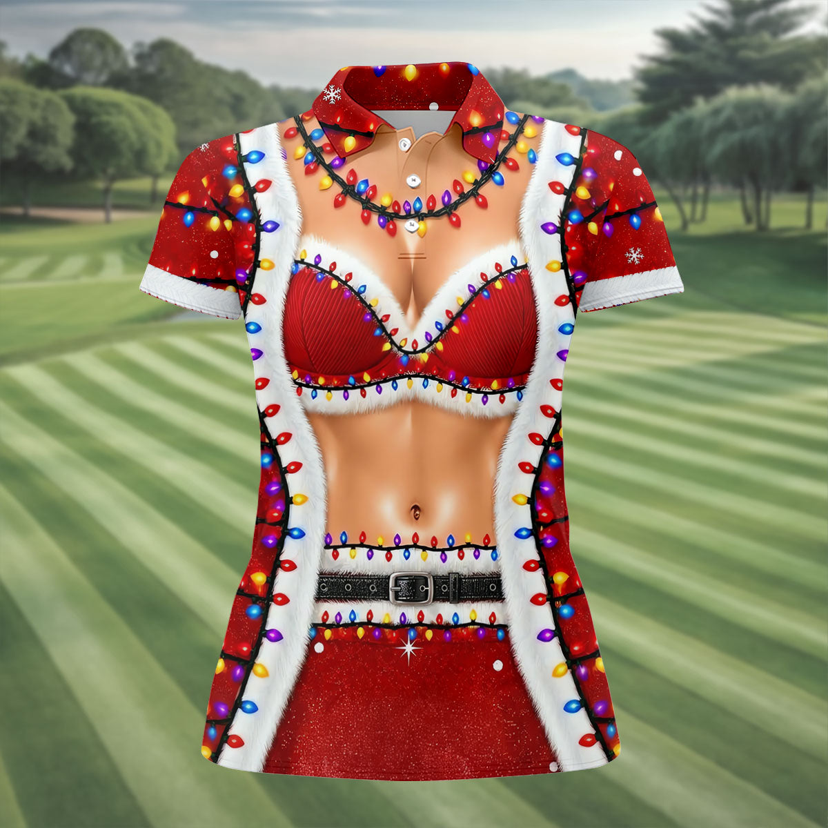 Funny Santa Bra Lights Christmas Golf Shirt, Golf Shirts For Women, Women’s Golf Apparel