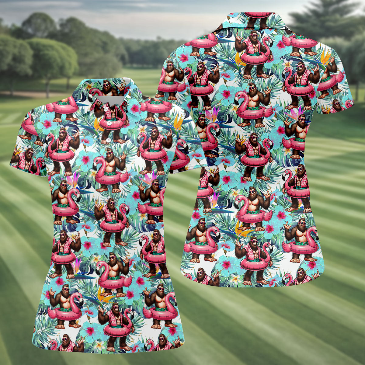 Funny Bigfoot Flamingo Float Tropical Golf Polo Shirt, Women's Golf Tops, Golf Polo For Women