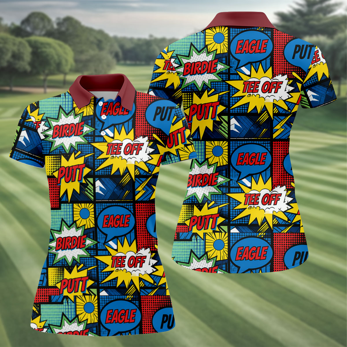 Birdie Tee Off Putt Comic Golf Shirt, Women's Golf Tops, Golf Shirts For Women