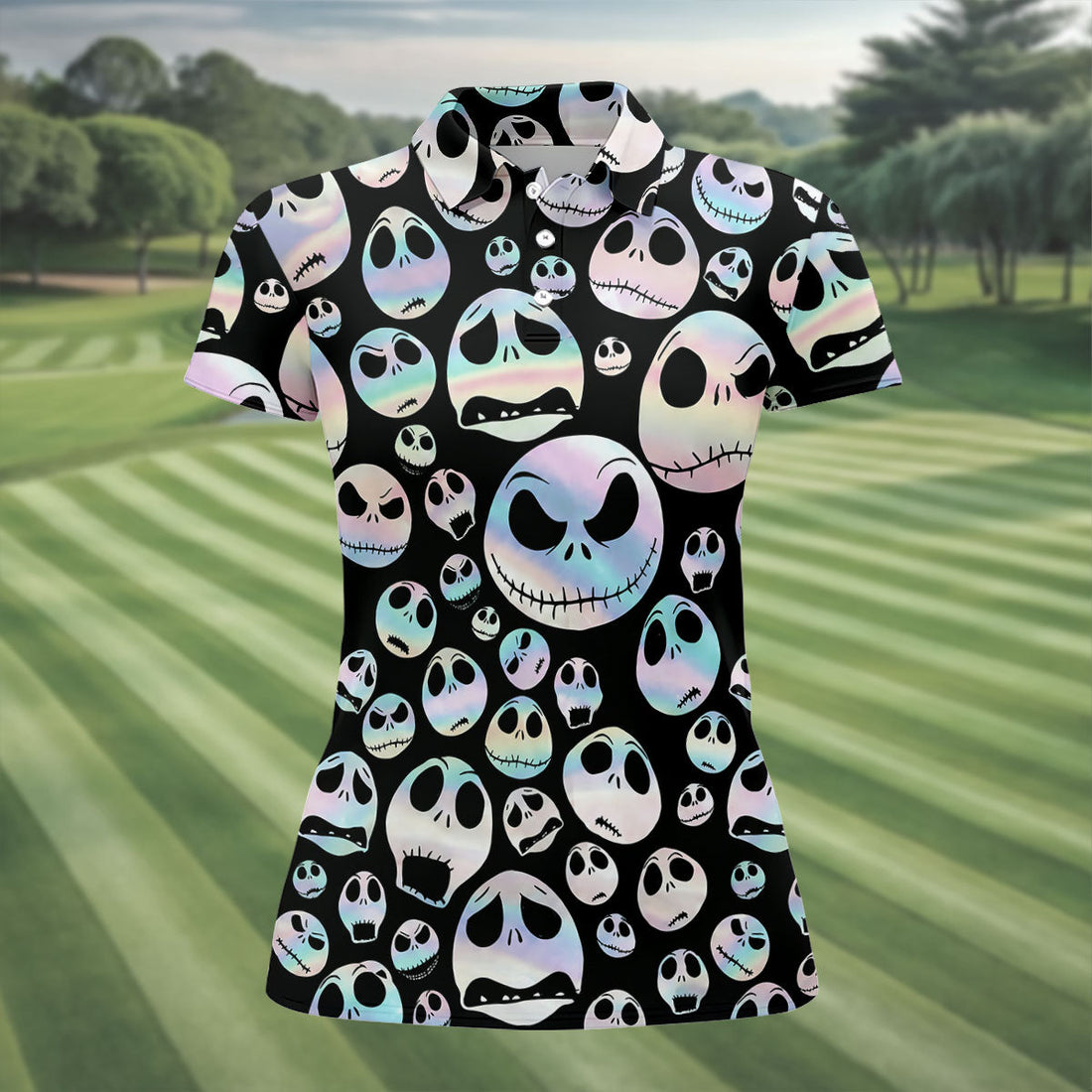 Black Horror Character Skull Face Pattern Golf Polo Shirt, Ladies Golf Shirts, Womens Golf Tops