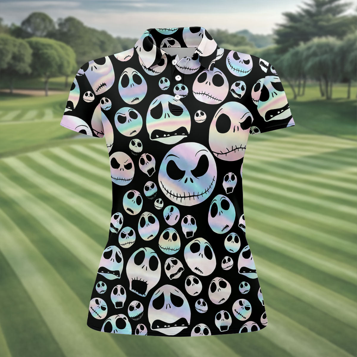 Black Horror Character Skull Face Pattern Golf Polo Shirt, Ladies Golf Shirts, Womens Golf Tops