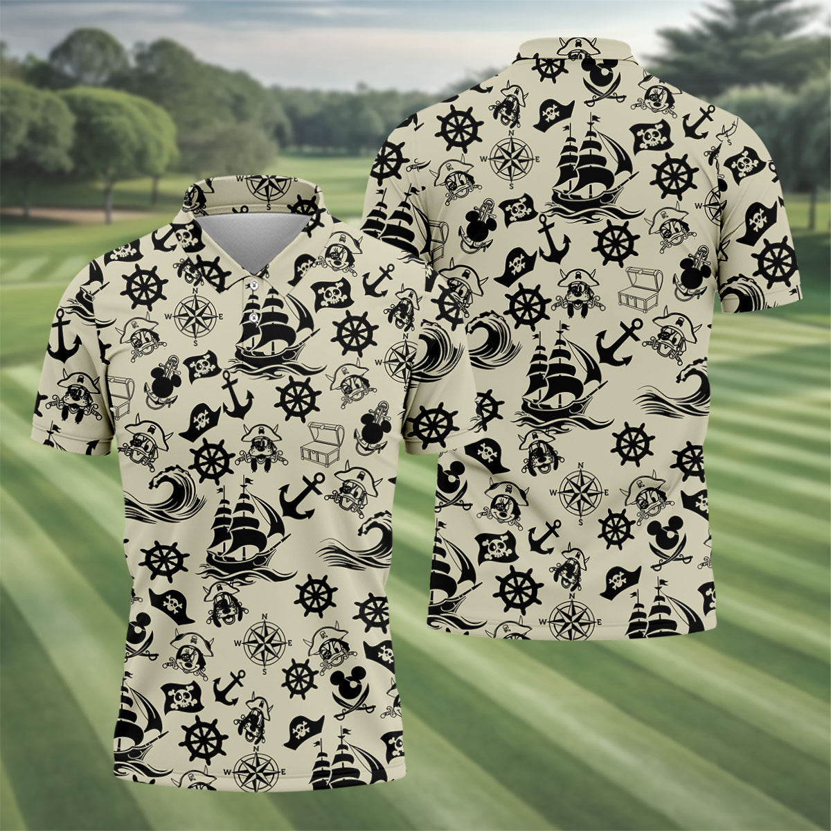 Vintage Pirate Nautical Pattern Golf Polo Shirt, Hawaiian Golf Shirt, Golf Polo Shirts For Men