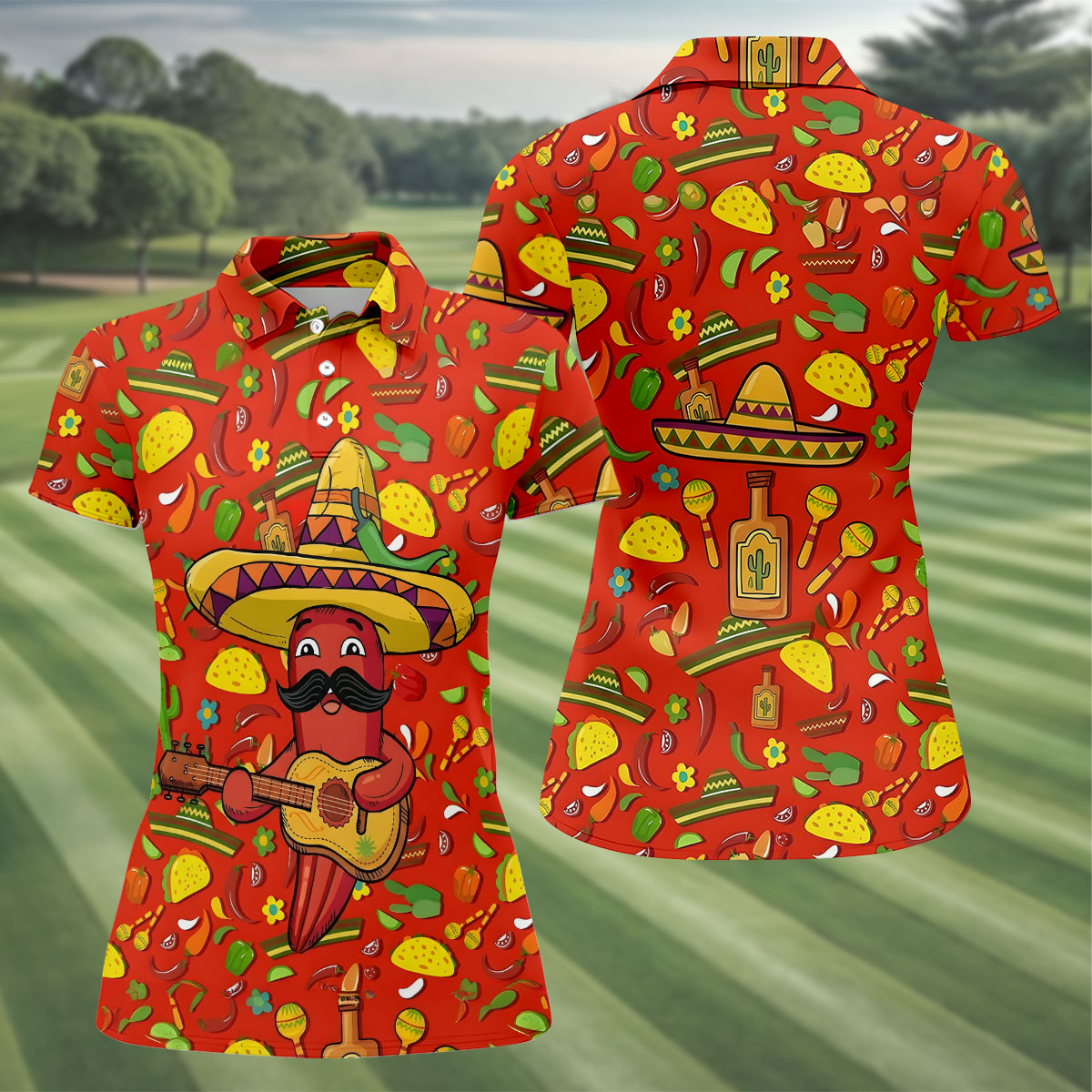 Cartoon Chili Pepper Mexican Guitar Cinco De Mayo Celebration Fiesta Themed Golf Shirt For Women