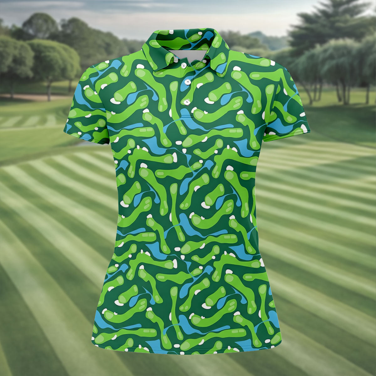 Golf Course Layout Golf Shirt, Fairway Water Hazard Pattern, Golf Shirt For Women