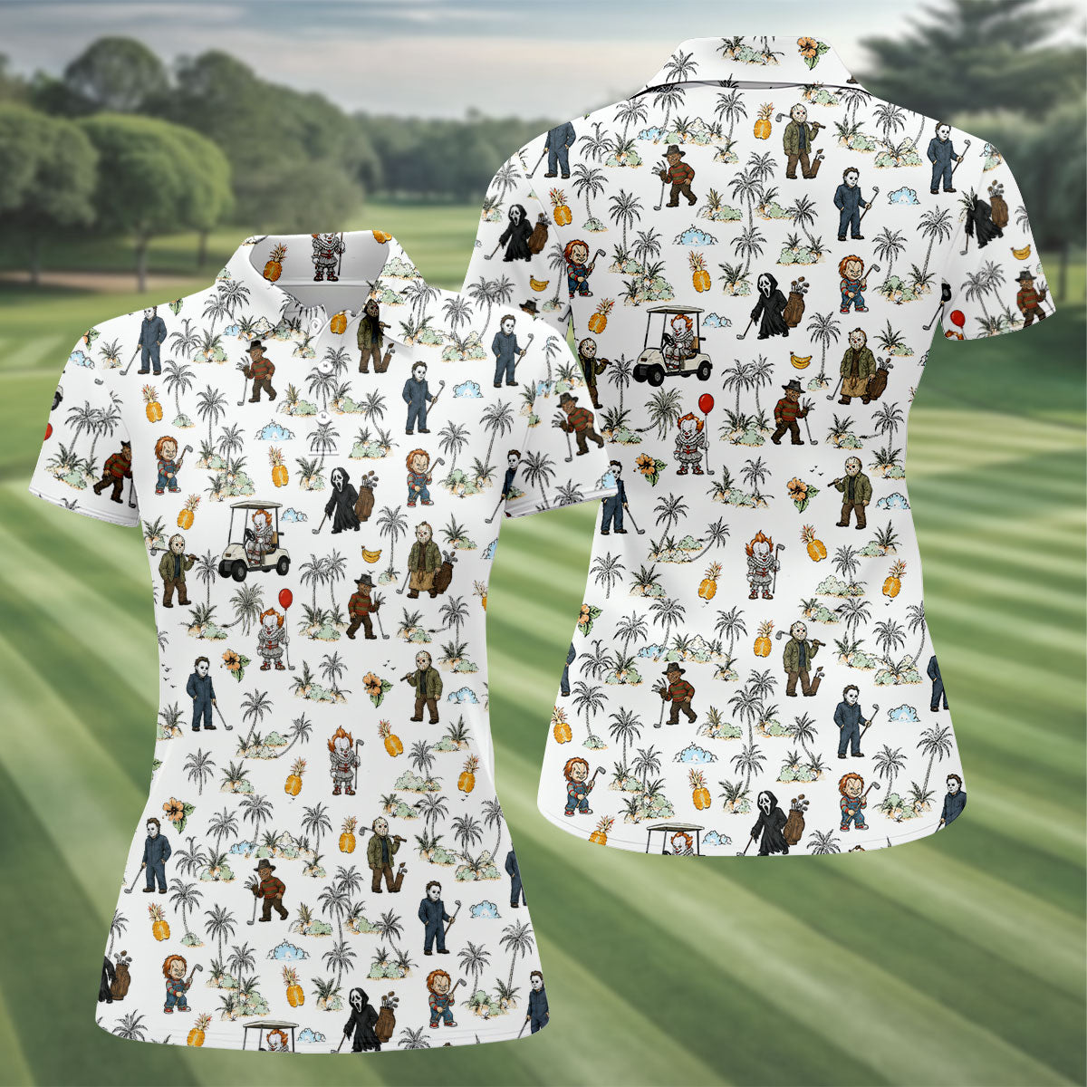 Mini Horror Character Halloween Golf Shirt, Women's Golf Apparel, Golf Polo For Women