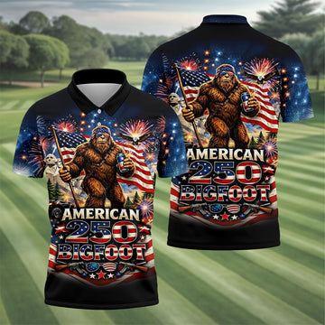 American 250 US Flag Pattern Bigfoot Golf Shirt, Patriotic 4th Of July Golf Shirts For Men