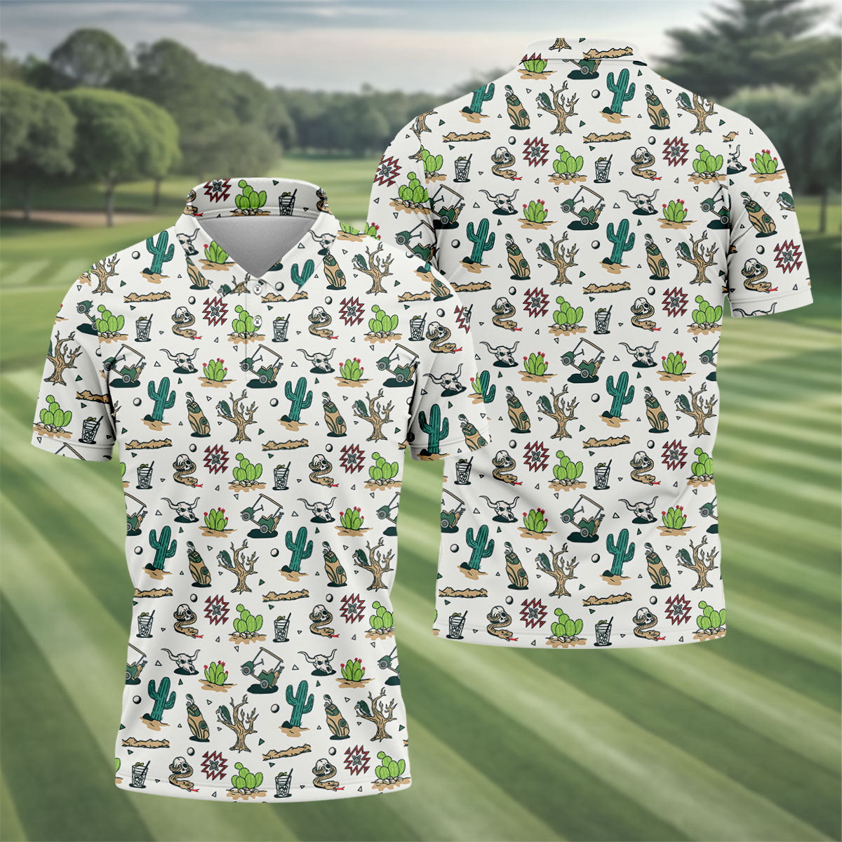 White Desert Golf Icons Pattern Golf Polo Shirt, Hawaiian Golf Shirt, Golf Polo Shirts For Men