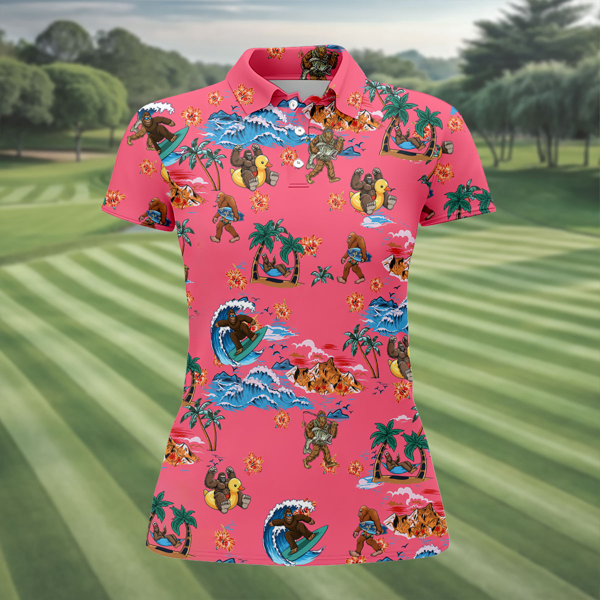 Pink Tropical Bigfoot Hawaiian Golf Polo Shirt, Golf Shirts For Women, Women's Golf Polo