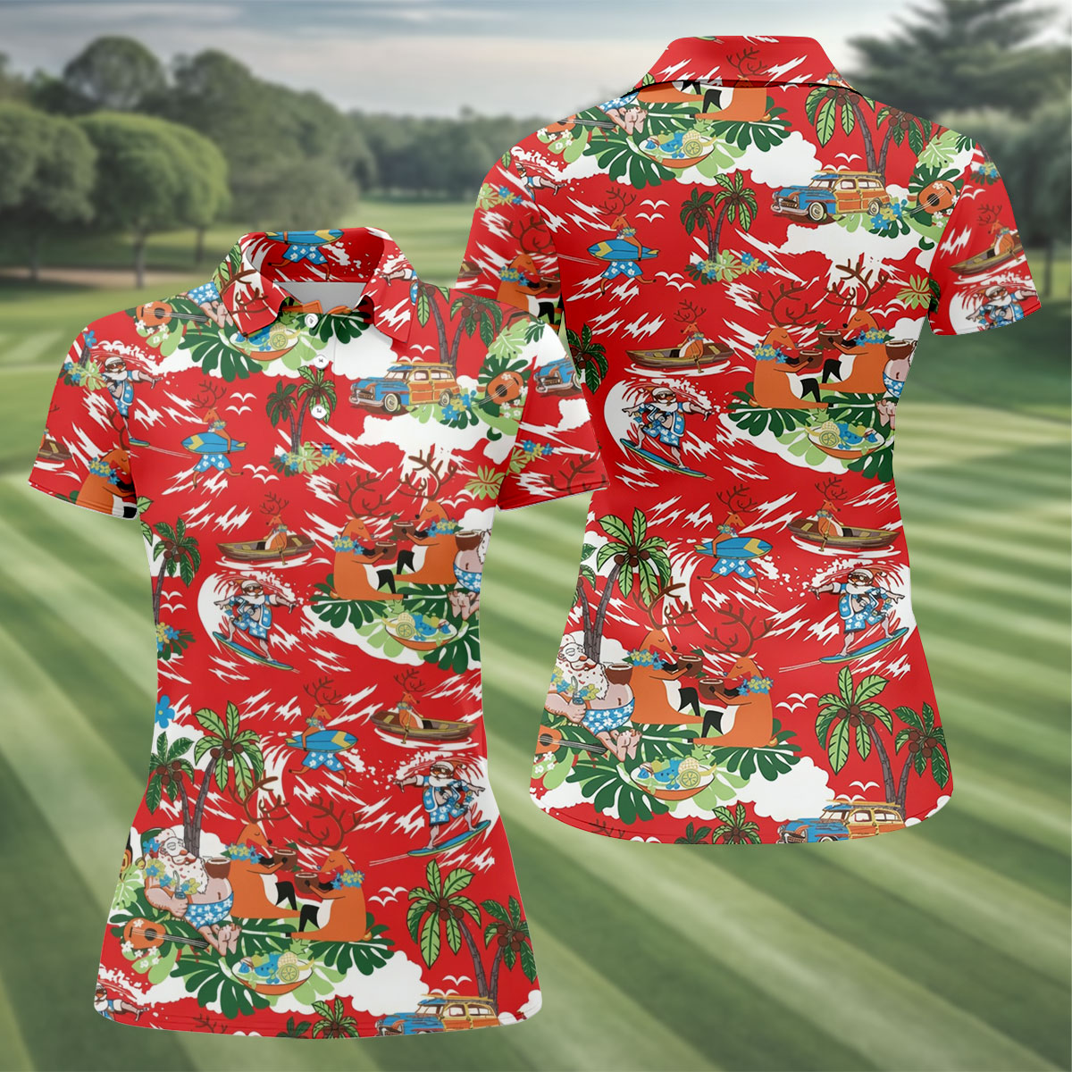Women's Funny Tropical Santa Surfing Golf Shirt, Christmas Golf Shirt, Women’s Golf Polo