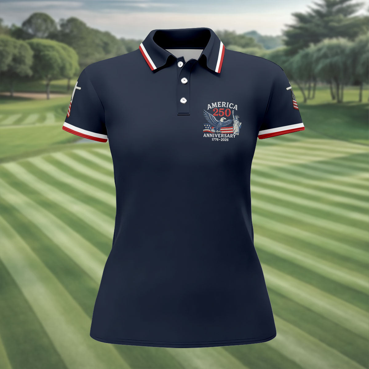 Faith Cross Bald Eagle America 250 Anniversary Navy Patriotic Golf Shirt, Golf Shirt For Women