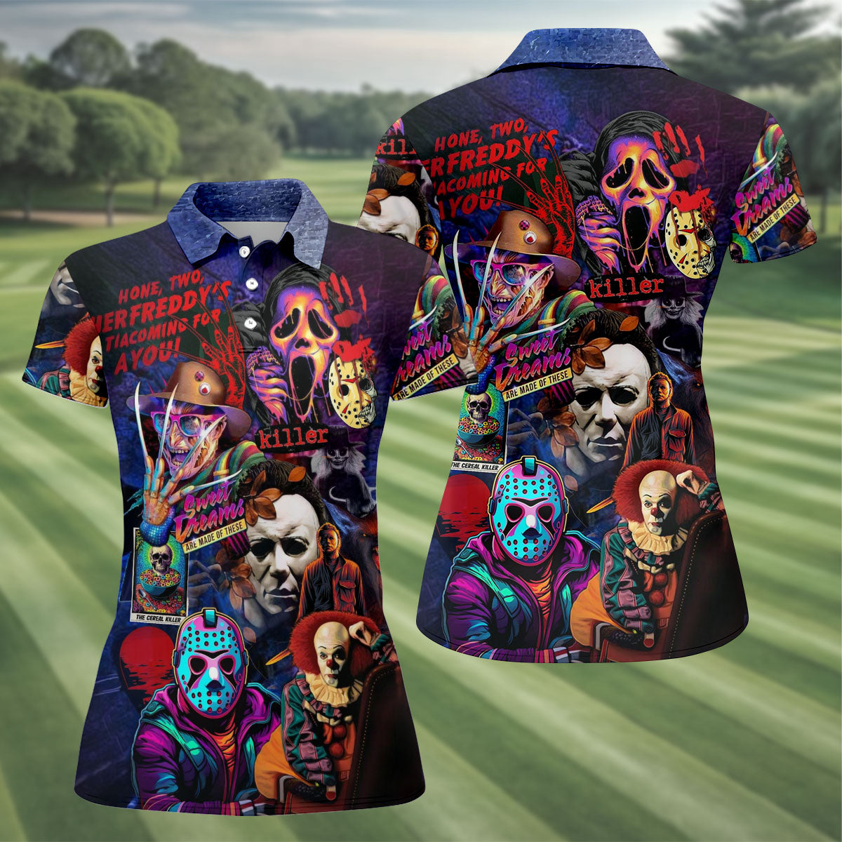 Vintage Horror Character Movie Villain Collage Golf Polo Shirt, Womens Golf Polo, Ladies Golf Shirts