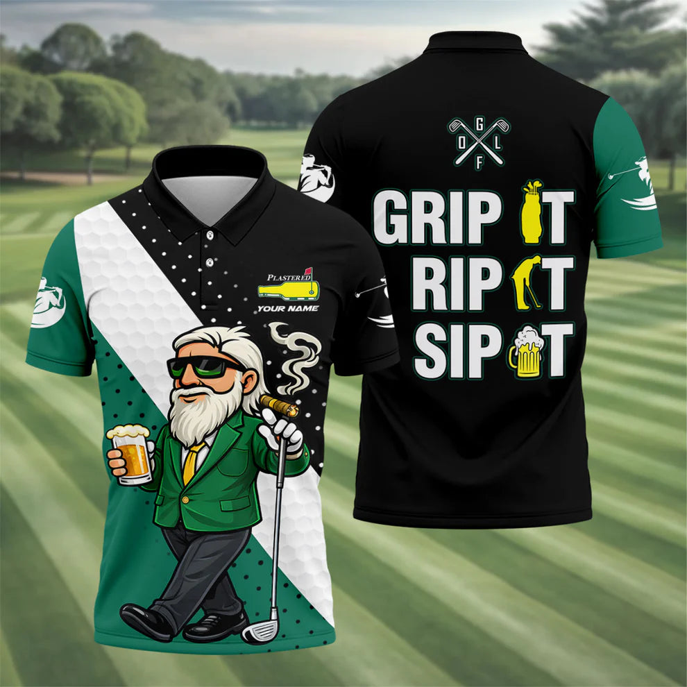 Custom Name Grip It Rip It Sip It Golf Polo - Funny Beer & Golfing Men's Shirt, Plastered Beer Bottle Design Performance Top