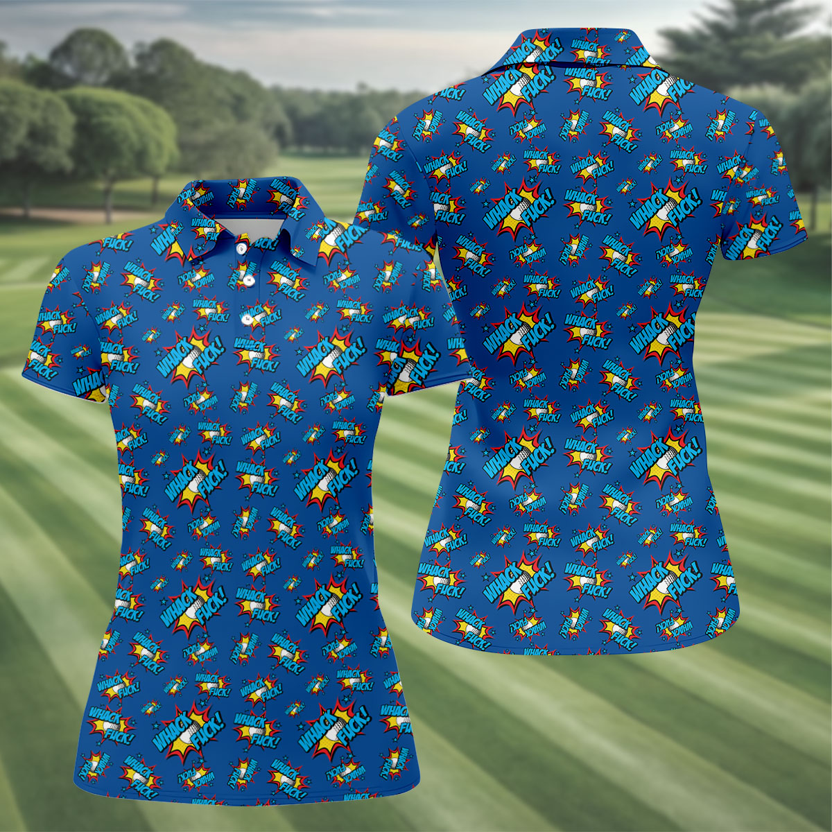 Funny Whack Fuck Comic Golf Ball Navy Polo Shirt, Womens Golf Tops, Printed Golf Shirts