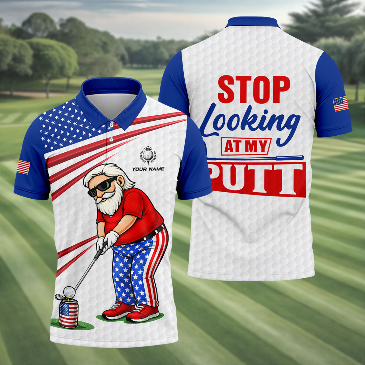 Stop Looking At My Putt Golf Ball Pattern 250 Years Patriotic 4th Of July Golf Shirts For Men