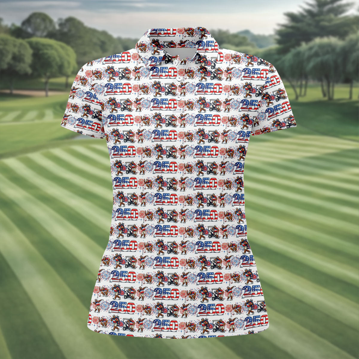 Funny Bigfoot Golf Pose Patriotic 4th Of July White Golf Shirt, 250 Years Golf Shirt For Women