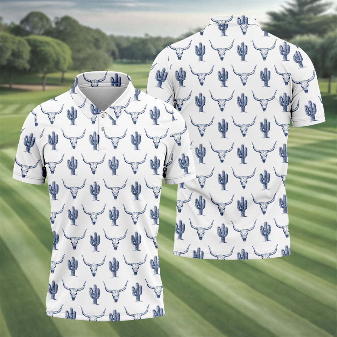 Western Longhorn And Cactus Pattern Hawaiian Golf Shirt, Golf Shirts For Men, Polo Shirts For Men