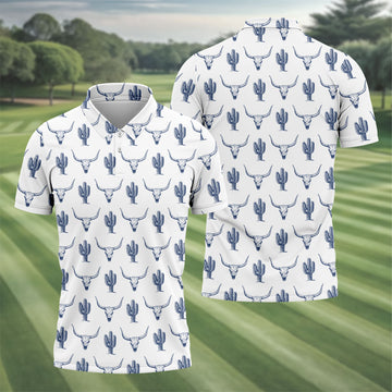 Western Longhorn And Cactus Pattern Hawaiian Golf Shirt, Golf Shirts For Men, Polo Shirts For Men