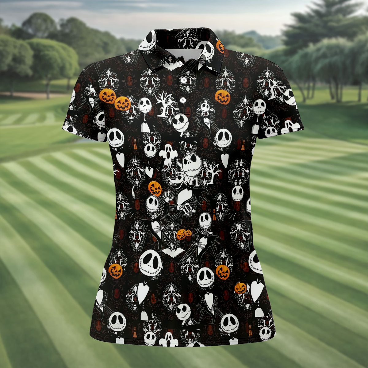 Halloween Pumpkin Skeleton Pattern Golf Polo Shirt, Golf Shirts For Women, Ladies Golf Tops