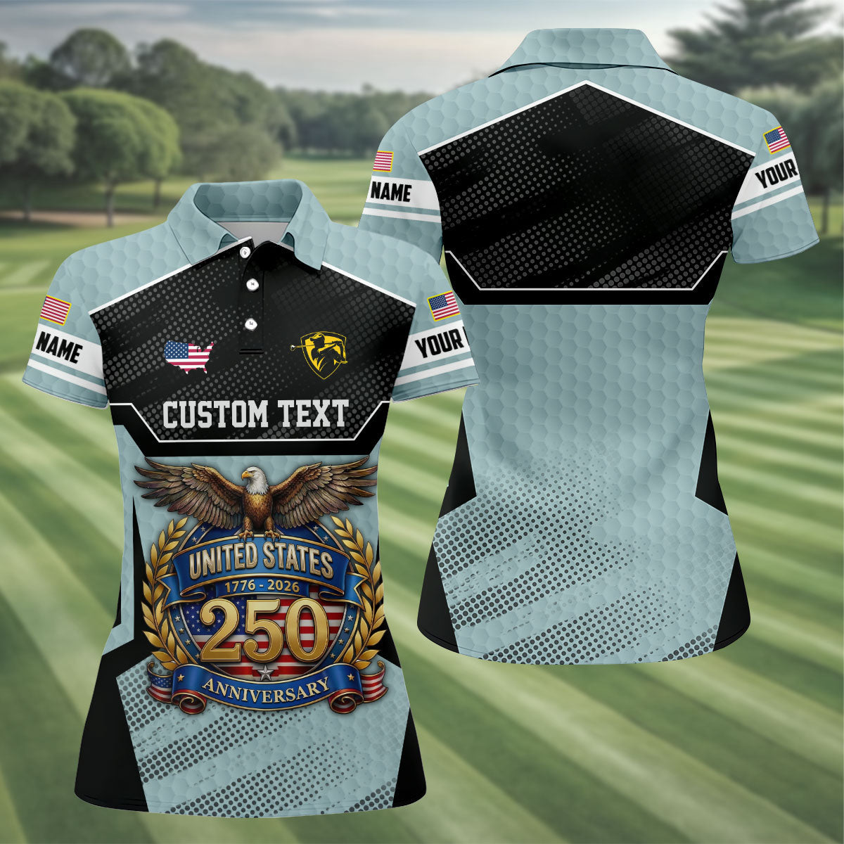 US 250 Anniversary Patriotic 4th Of July Blue Grey Golf Shirt, Ladies Golf Shirts, Golf Shirt For Women