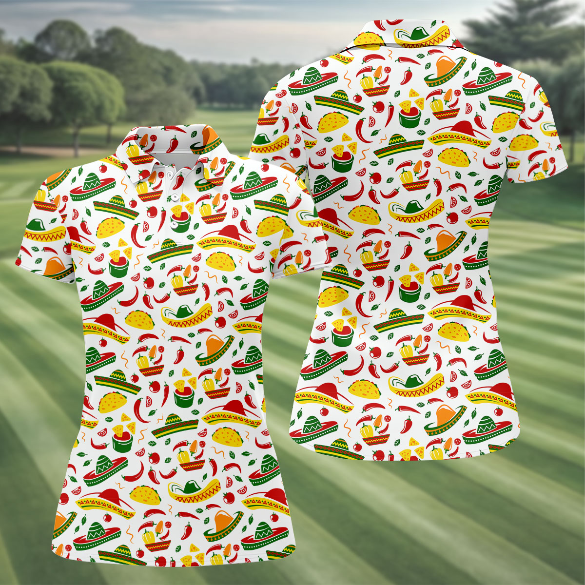 Mexican Fiesta Seamless Pattern Ladies Golf Tops, Cinco De Mayo Celebration Golf Shirt For Women