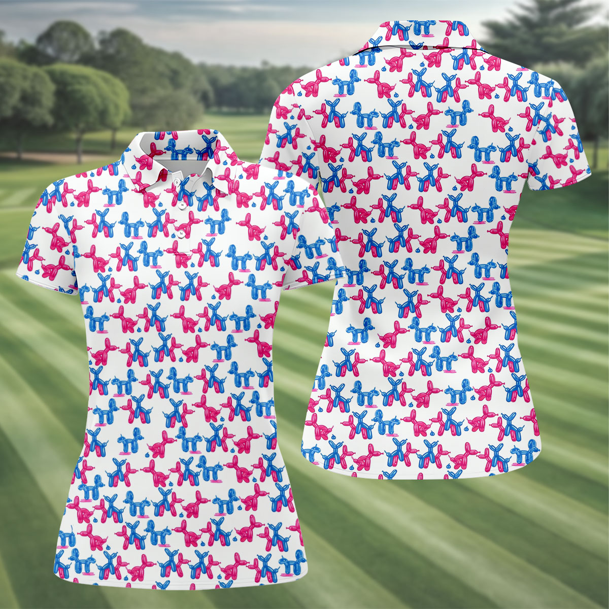 Funny Balloon Dog Pattern Golf Polo Shirt, Women's Golf Tops, Printed Golf Shirt