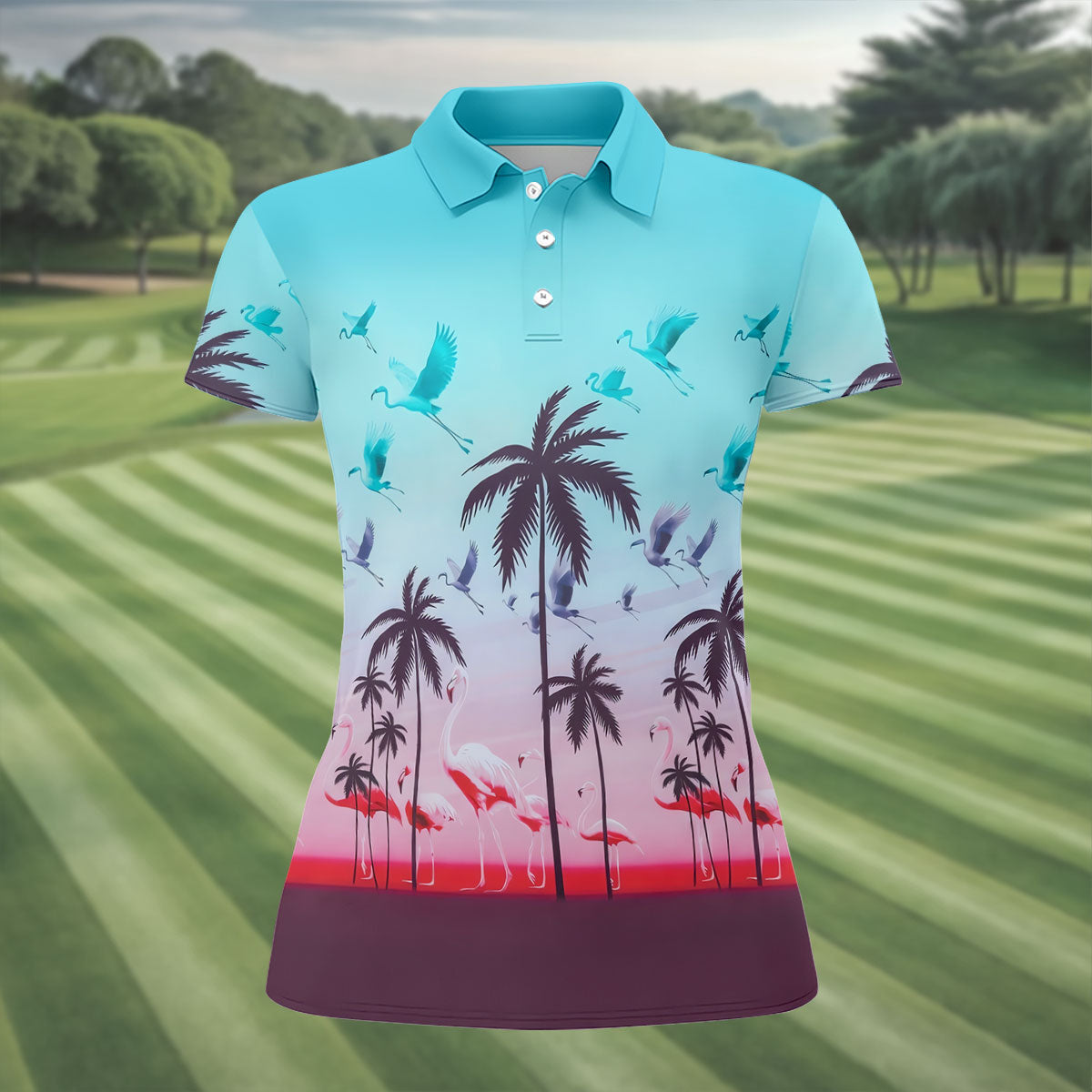 Tropical Flamingo Sunset Hawaiian Golf Shirt, Women's Golf Apparel, Golf Shirts For Women