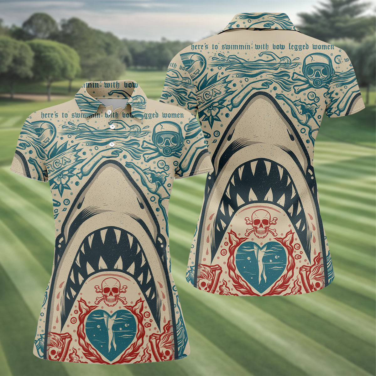 Vintage Shark Jaw Tattoo Art Golf Polo Shirt, Golf Shirts For Women, Women's Golf Apparel