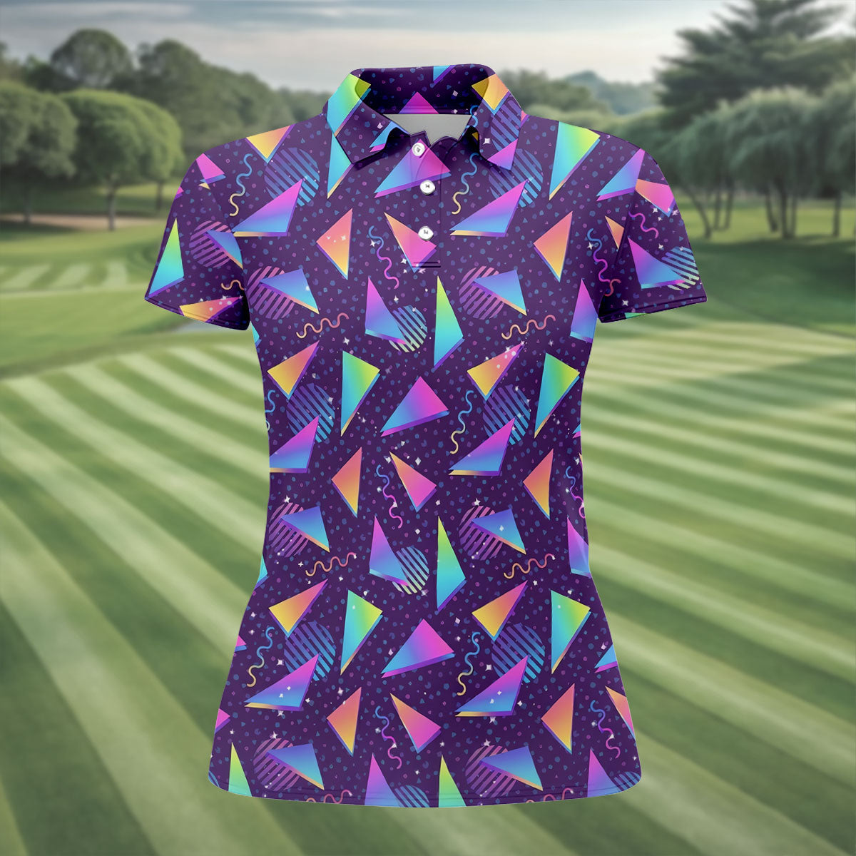 Retro Memphis Geometric Pattern Golf Polo Shirt, Women's Golf Polo, Ladies Golf Tops