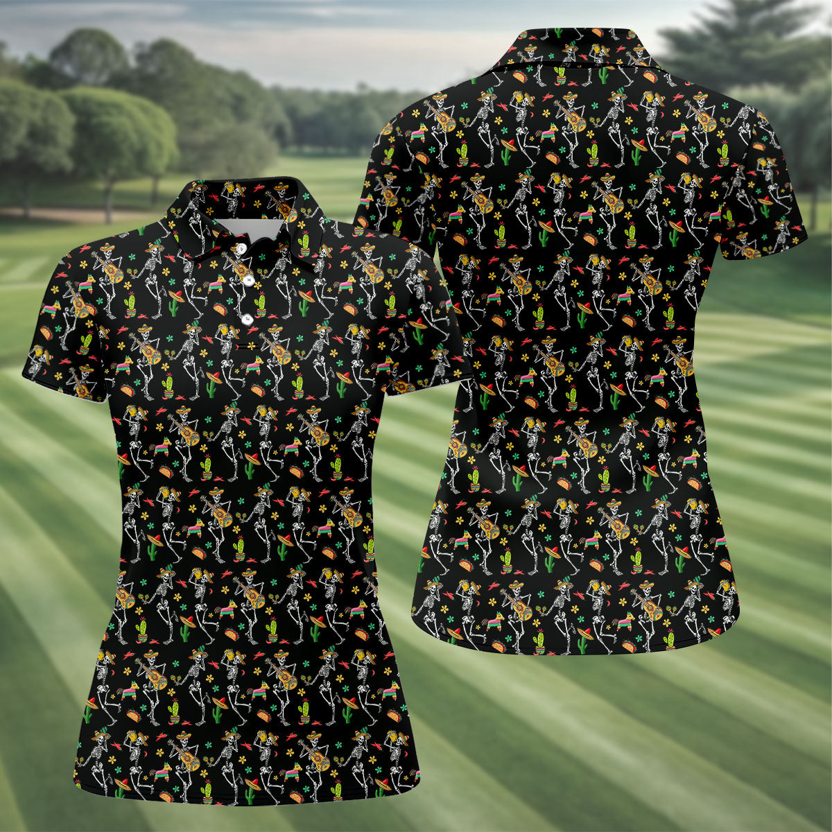 Dia De Muertos Skeletons Cinco De Mayo Celebration Fiesta Themed Black Golf Shirt For Women